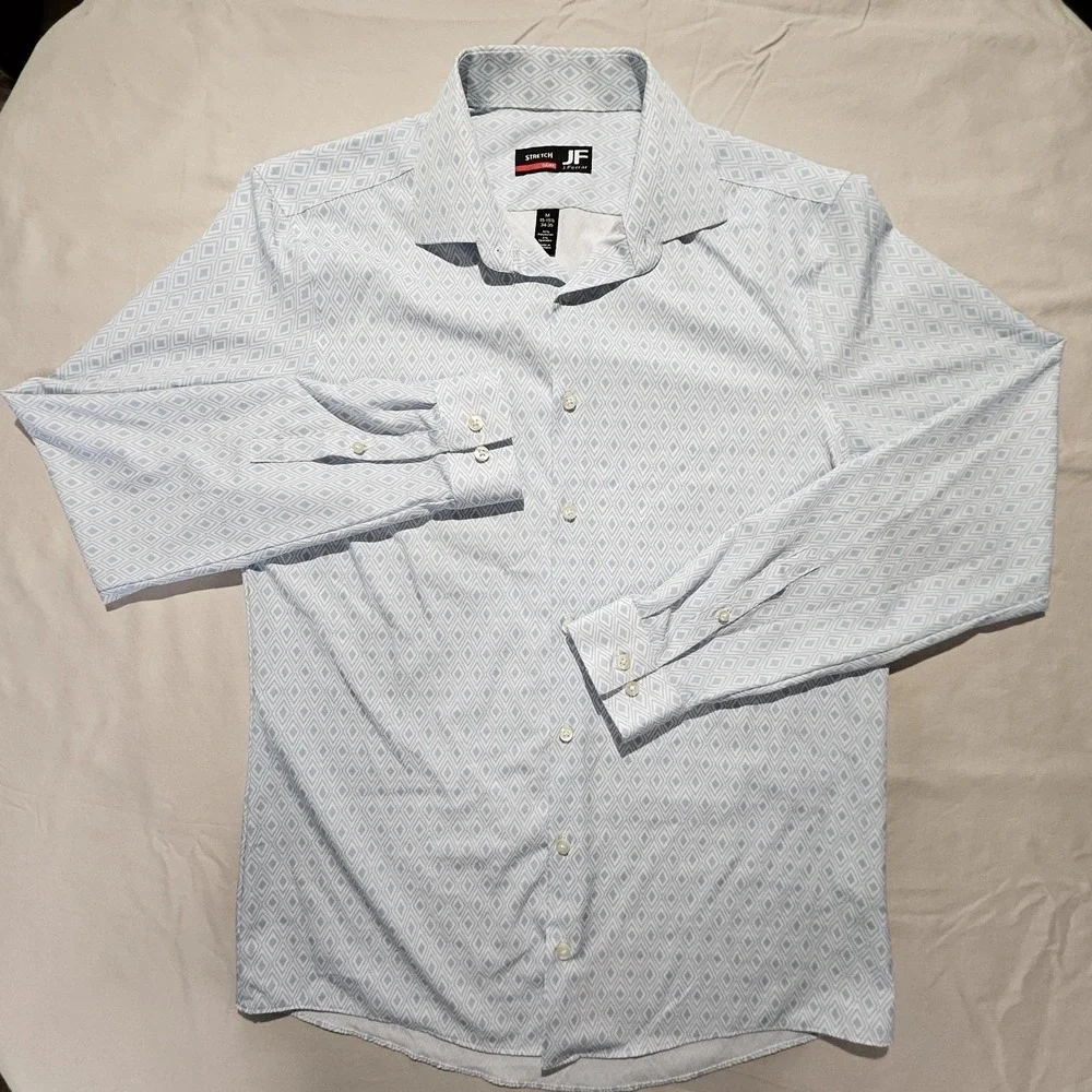 JF J. Ferrar Stretch Slim Fit Dress Shirt Mens Medium 15-15.5 Blue Geometric